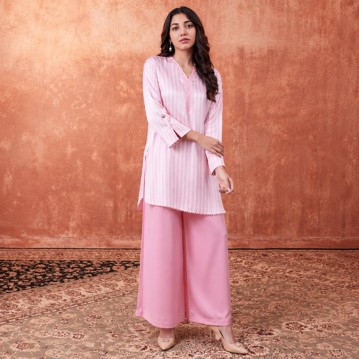 Blush Elegance Pink Striped Embroidered Kurti